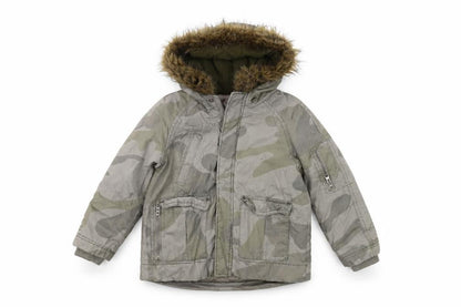 Front view of Urban Outlaws boys’ grey camouflage parka coat 5-6 years