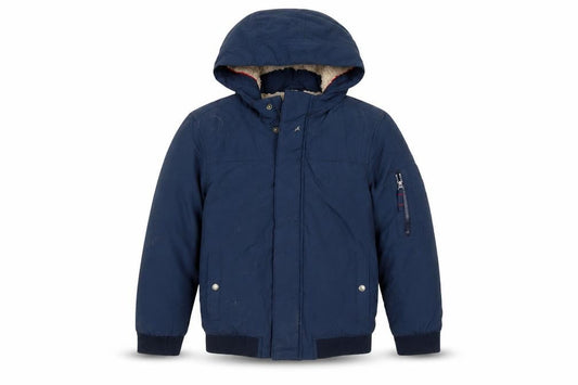 Front view of FatFace boys’ blue bomber jacket, 10-11 years, hooded winter coat