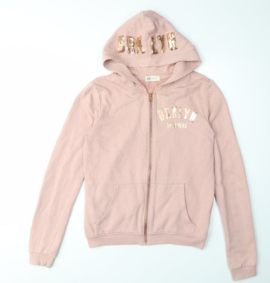 H&M Girls Pink Full Zip Hoodie, Size 14 Years, Embroidered