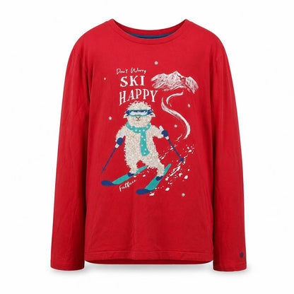 Front view of FatFace girls’ red ski happy long sleeve t-shirt 12-13 years