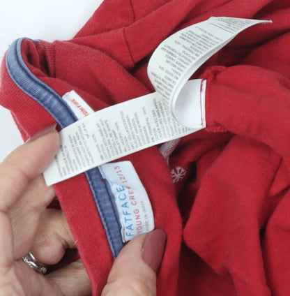 Close-up detail of FatFace girls’ red ski happy long sleeve t-shirt 12-13 years