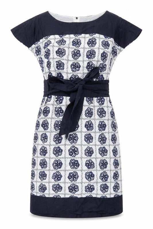 Laura Ashley Women's Blue Geometric Silk Shift Dress Size 12