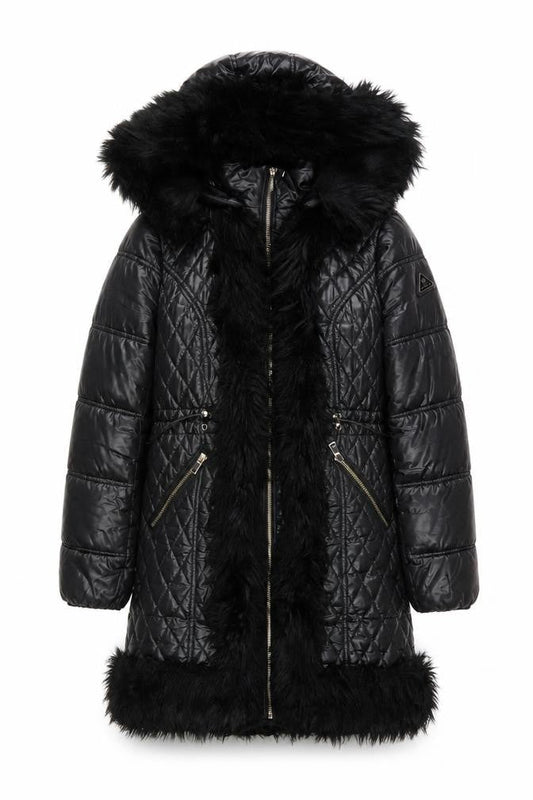 River Island Women's Black Quilted Coat with Fur Trim Size 10