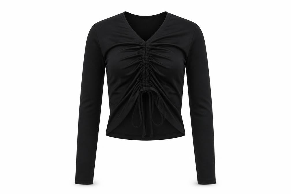 Monki Women's Black Cropped Ruched V-Neck Top, Size S