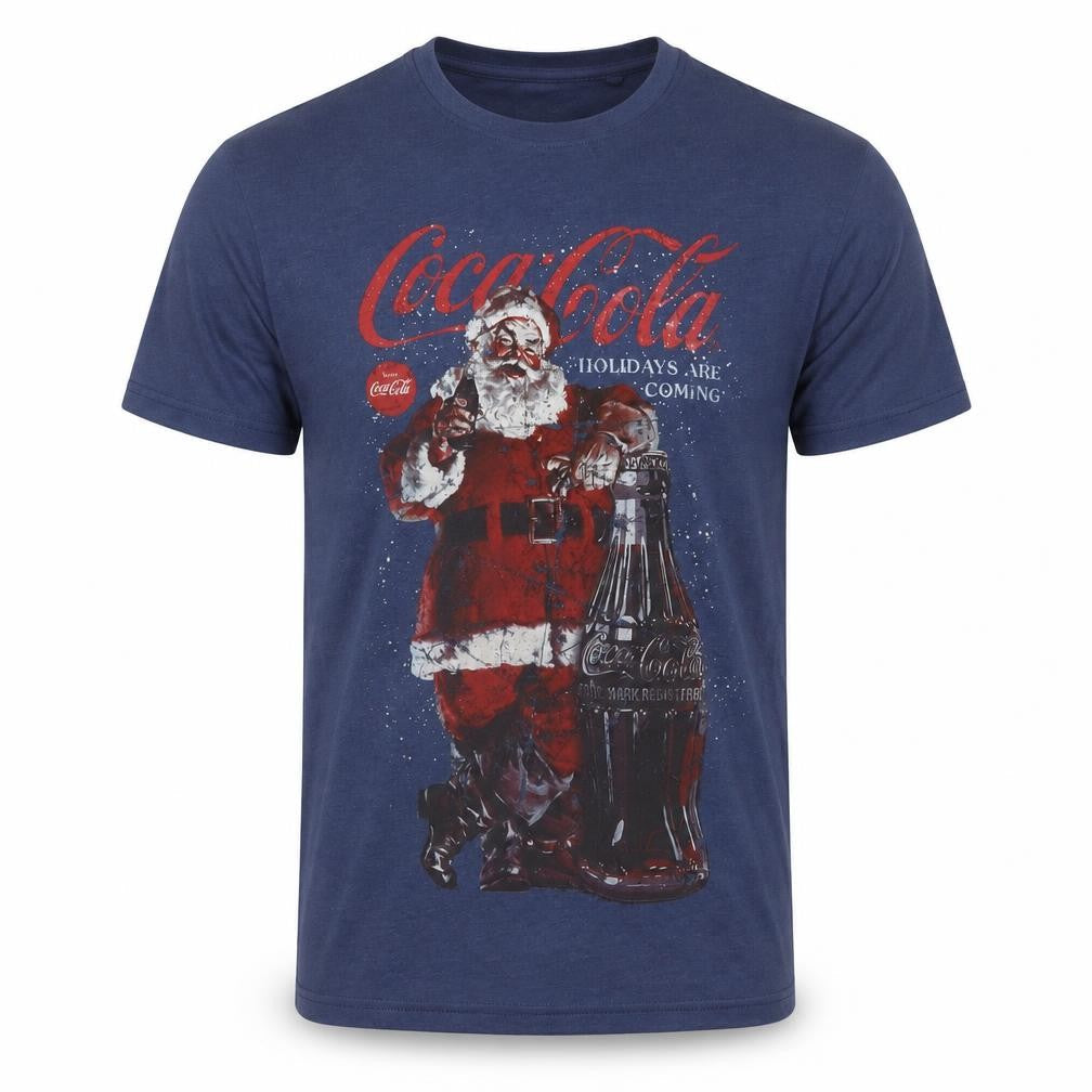 Coca-Cola Men's Blue Christmas T-Shirt - Size S