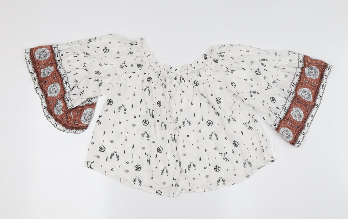 Mango Women's White Floral Bohemian Blouse, Size L