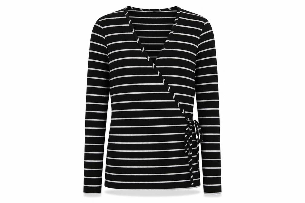find Women's Black Striped Wrap Top XL