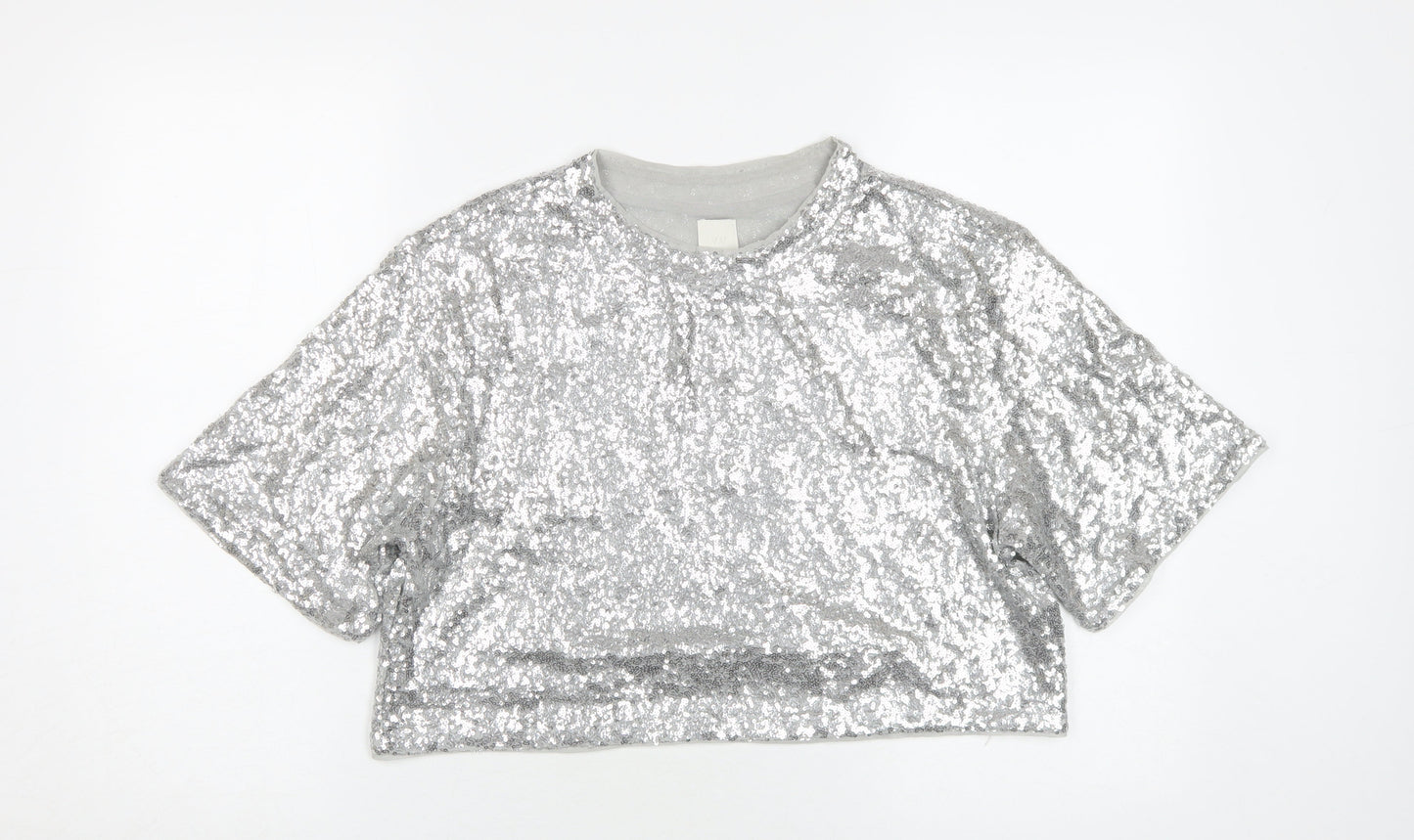 H&M Women’s Silver Sequin Cropped T-Shirt, M, Party