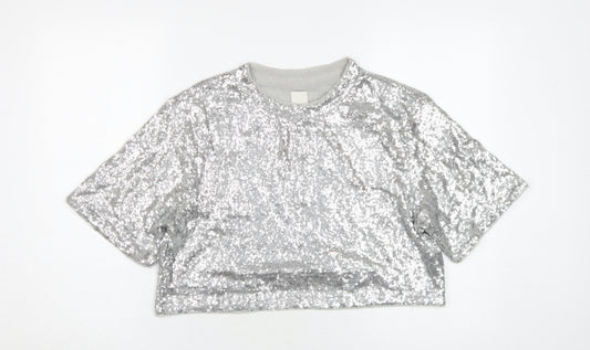 H&M Women’s Silver Sequin Cropped T-Shirt, M, Party