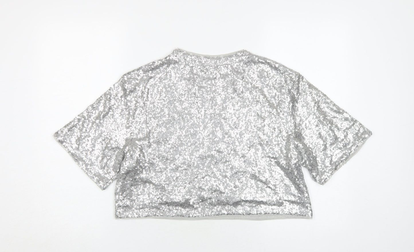 H&M Women’s Silver Sequin Cropped T-Shirt, M, Party