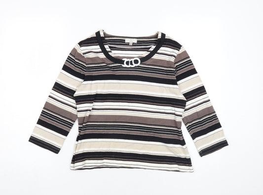 CC Women's Black Striped Petite T-Shirt, M, 3/4 Sleeve
