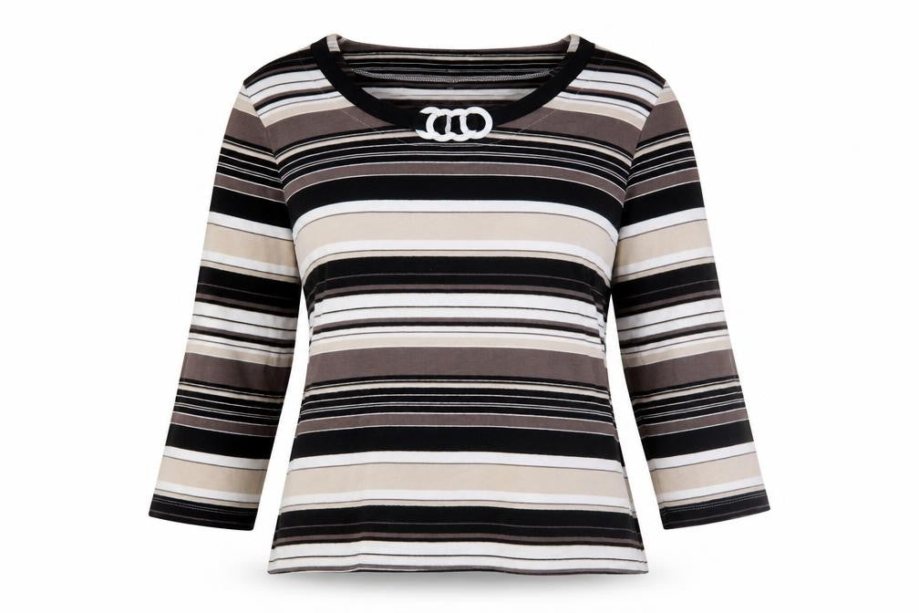 Country Casuals Women's Black Striped Petite T-Shirt, M, 3/4 Sleeve