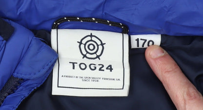 Close-up detail of TOG24 boys’ blue puffer jacket, 14 years, winter ready