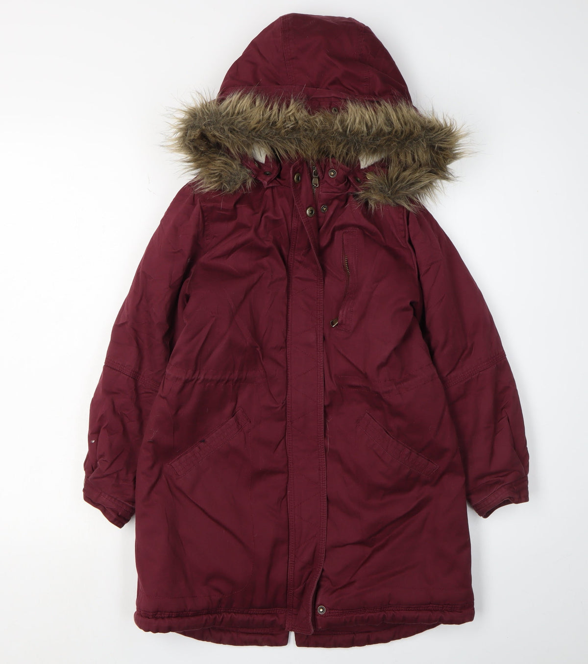 Additional front view of Arizona girls’ red parka coat with fur trim, size 8, years