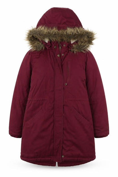 Front view of Arizona girls’ red parka coat with fur trim, size 8, years