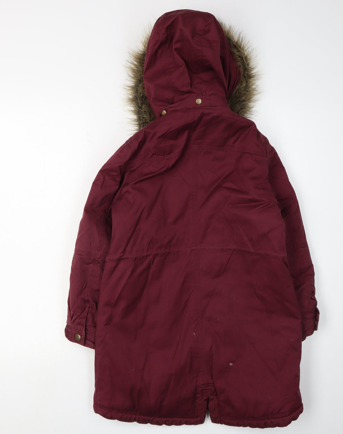Back view of Arizona girls’ red parka coat with fur trim, size 8, years