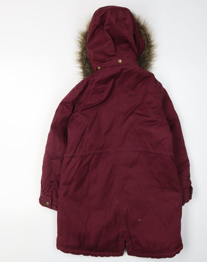 Back view of Arizona girls’ red parka coat with fur trim, size 8, years