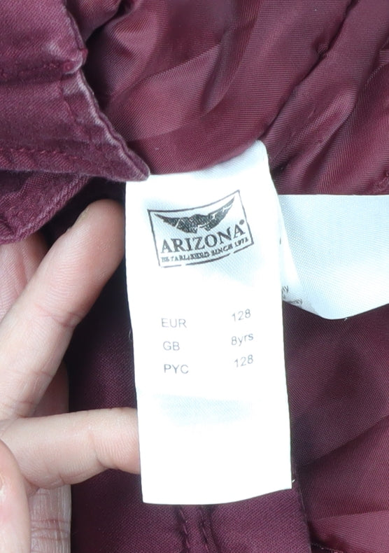 Close-up detail of Arizona girls’ red parka coat with fur trim, size 8, years