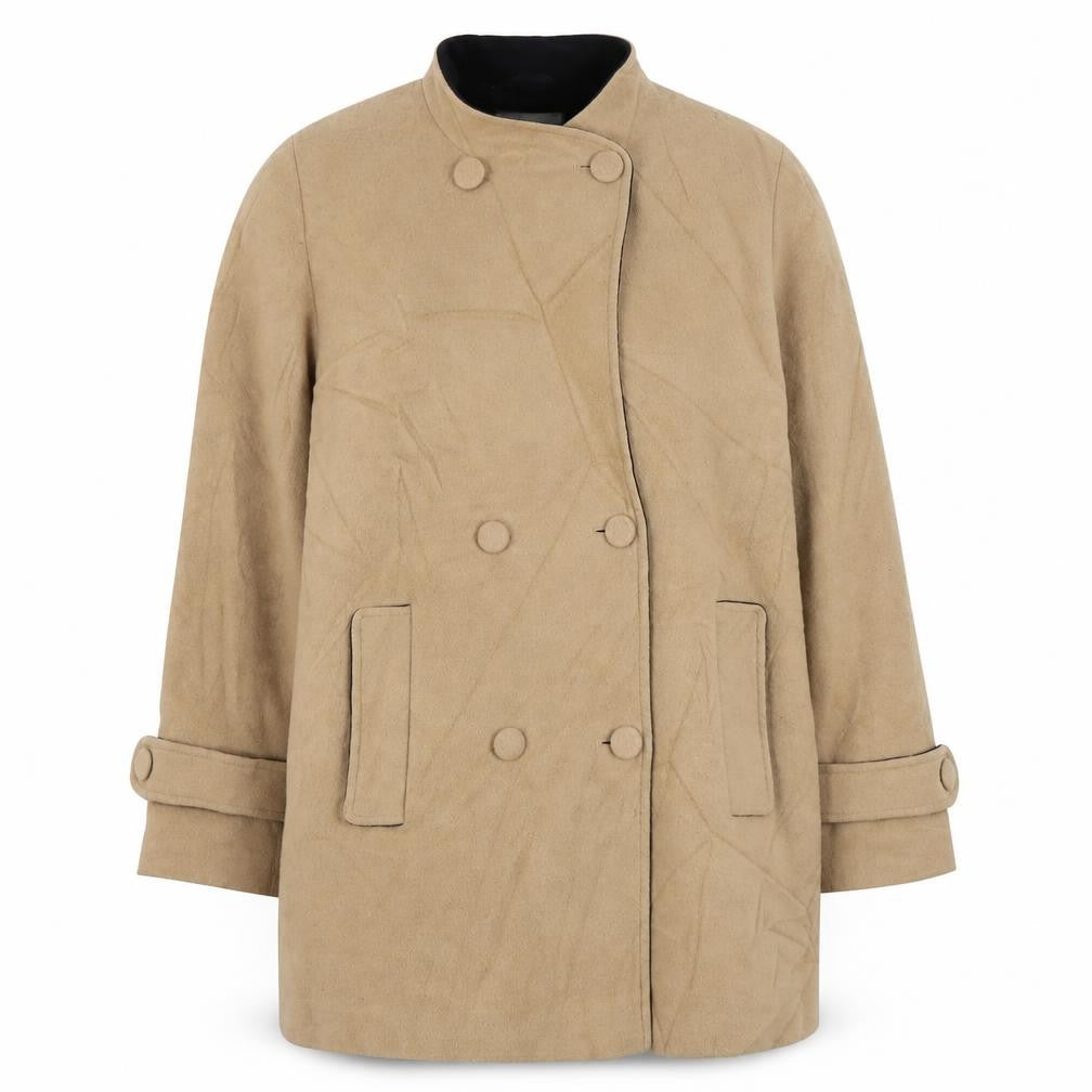 EWM Women's Beige Wool Blend Double-Breasted Pea Coat, Size 10