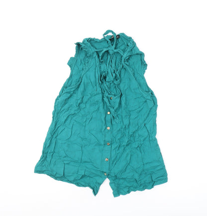 Additional front view of Oasis Green Sleeveless Ruffle Blouse, size 10