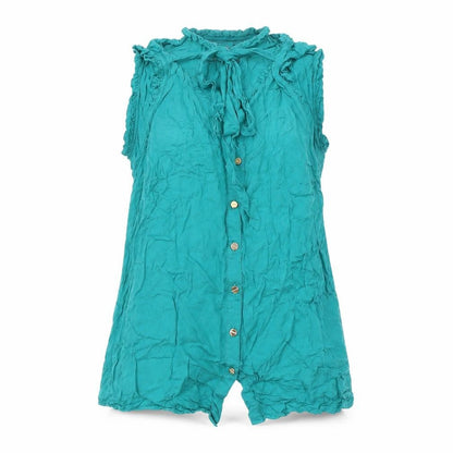 Front view of Oasis Green Sleeveless Ruffle Blouse, size 10