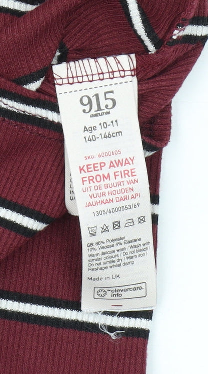 Close-up detail of 915 Generation girls’ red cropped t-shirt, long sleeve, striped, 10-11y