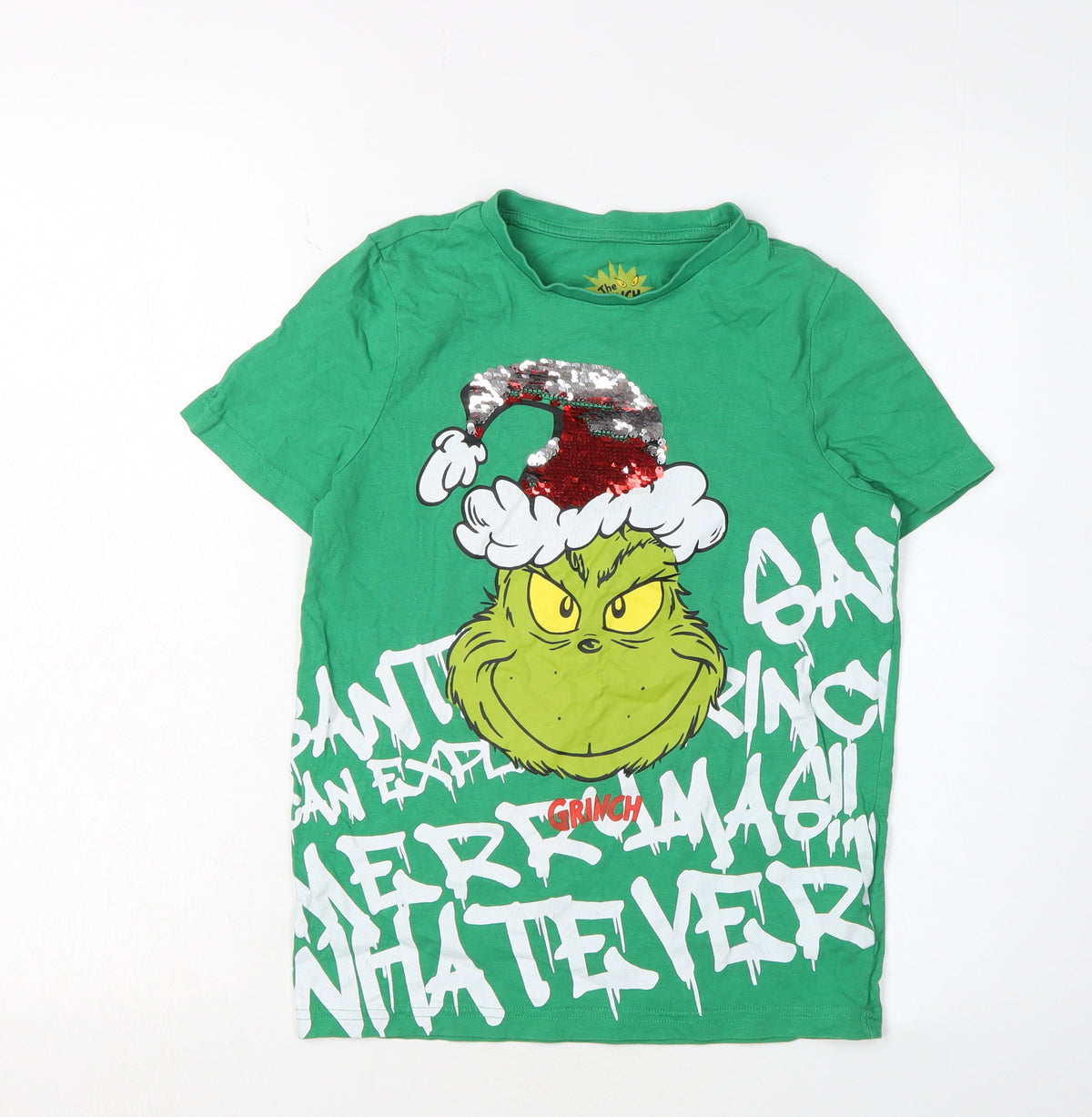 F&F Boys Green Grinch Sequin T-Shirt 8-9 Years Christmas Fun