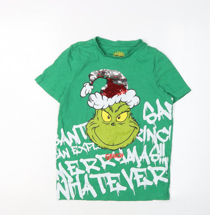 F&F Boys Green Grinch Sequin T-Shirt 8-9 Years Christmas Fun