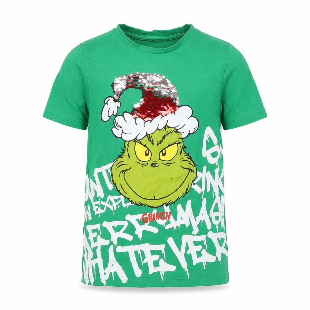 F&F Boys Green Grinch Sequin T-Shirt 8-9 Years Christmas Fun