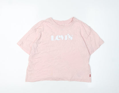 Front view of Levi's girls’ pink logo t-shirt, size 14 plus, short sleeve