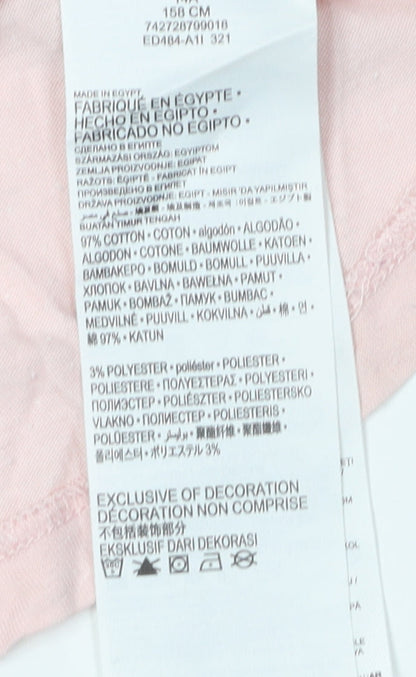 Brand and care label for Levi's girls’ pink logo t-shirt, size 14 plus, short sleeve