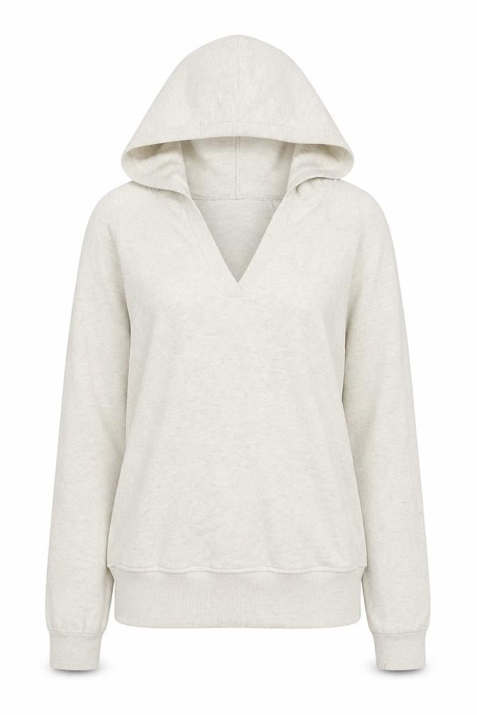 Beige Hooded Women's V-Neck Pullover Jumper, Size S