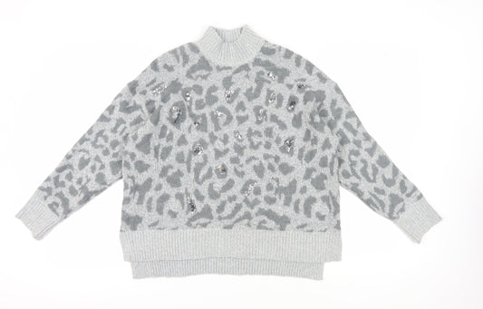 Oasis Women's Grey Sequin Animal Print Jumper - M