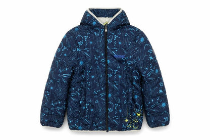 Front view of Regatta boys’ blue puffer jacket 8 years geometric hooded
