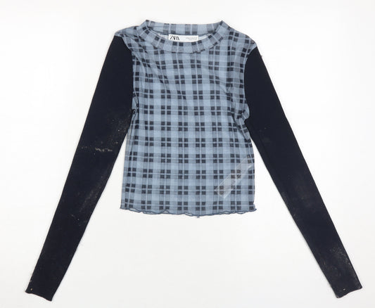 Zara Women's Blue Check Cropped Top, Size M, Long Sleeve