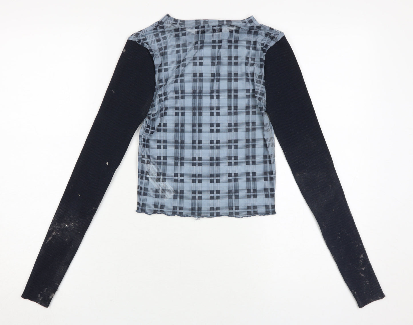 Zara Women's Blue Check Cropped Top, Size M, Long Sleeve