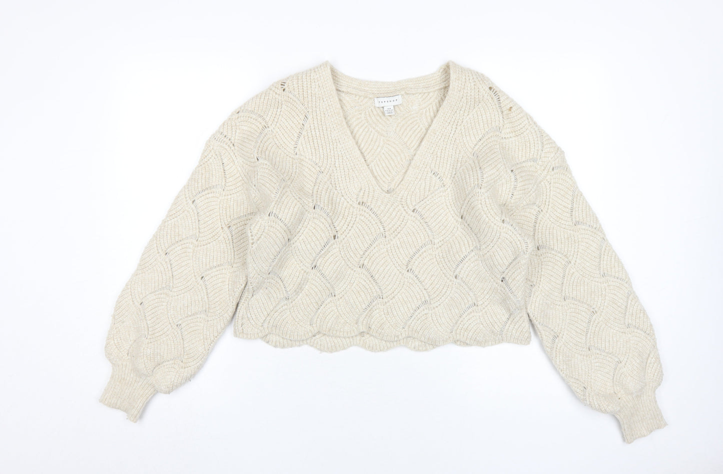 Topshop Women's Ivory Cable-Knit V-Neck Jumper M