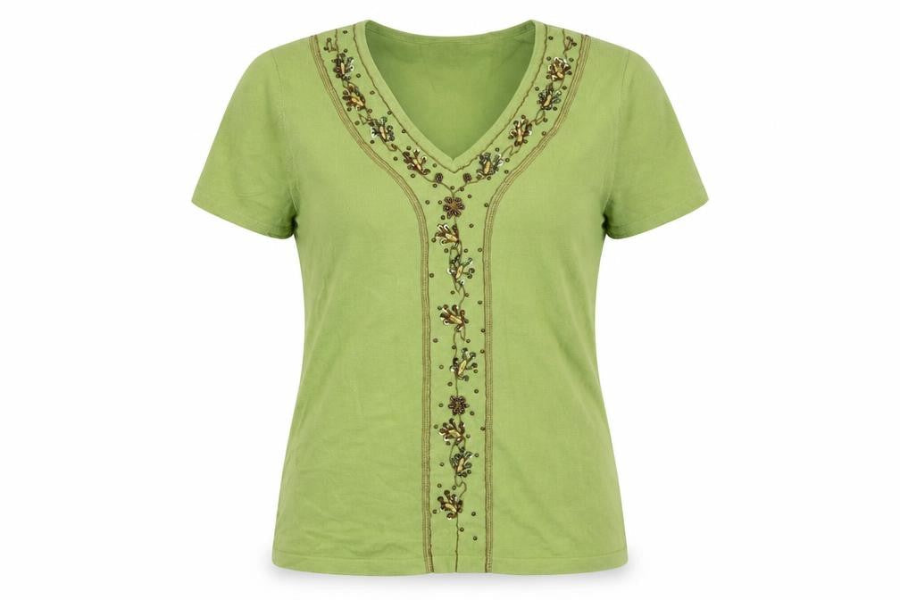 Vanity Fair Women’s Green Beaded V-Neck T-Shirt M