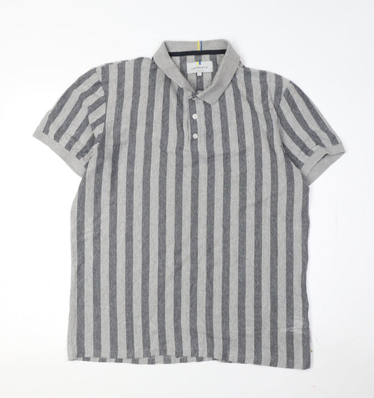 Larsson & Co Men's Grey Striped Cotton Polo Shirt L