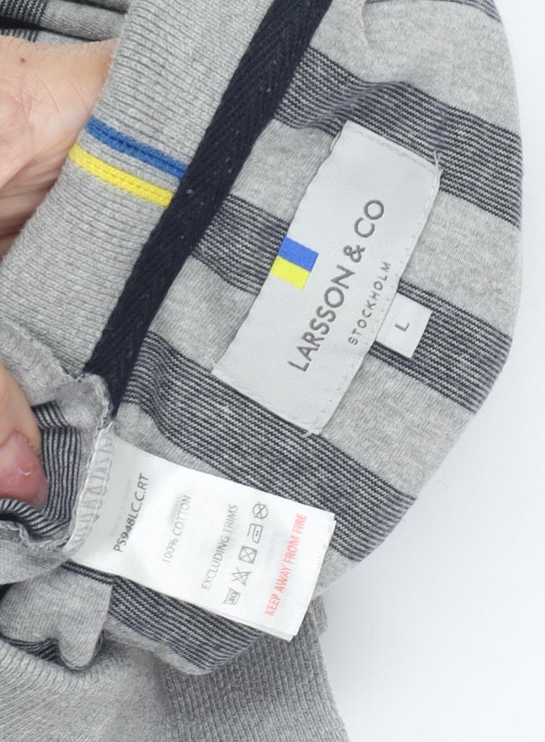 Larsson & Co Men's Grey Striped Cotton Polo Shirt L