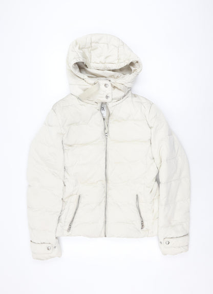 Zara Women Ivory Puffer Jacket M Winter Hooded