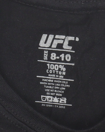 Close-up detail of UFC boys’ black cotton logo t-shirt, size 8-10