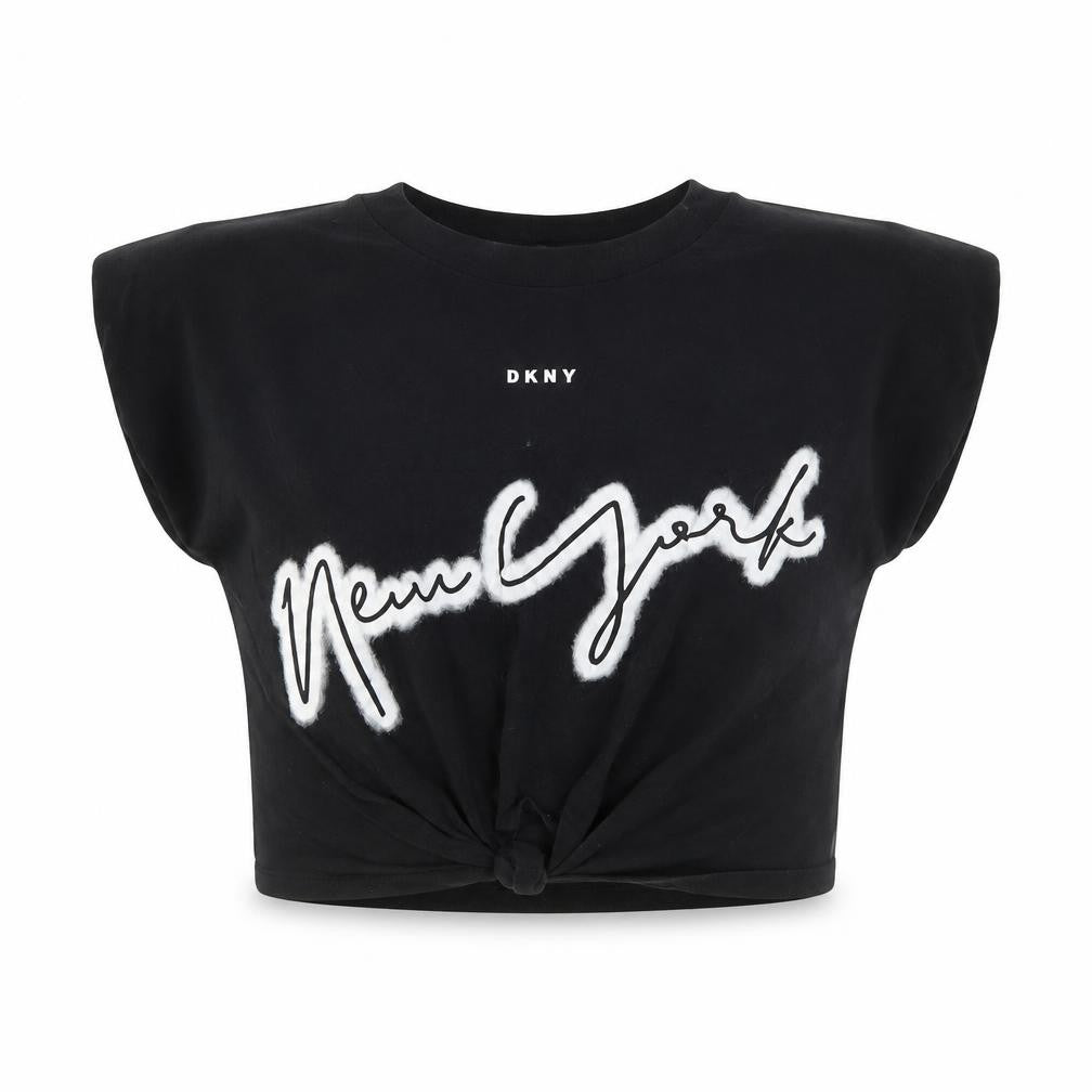 Front view of DKNY girls’ black xs graphic print t-shirt logo