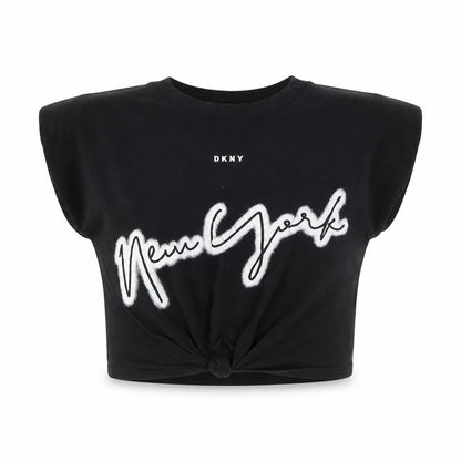 Front view of DKNY girls’ black xs graphic print t-shirt logo