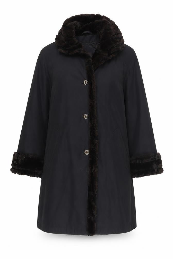 BHS Women's Black Overcoat with Fur Trim, Size 12