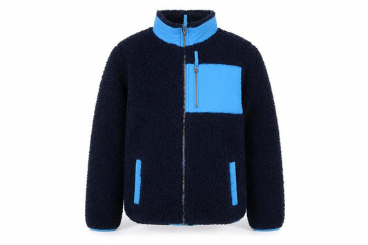Front view of John Lewis boys’ blue fleece jacket, 12 years, colourblock design