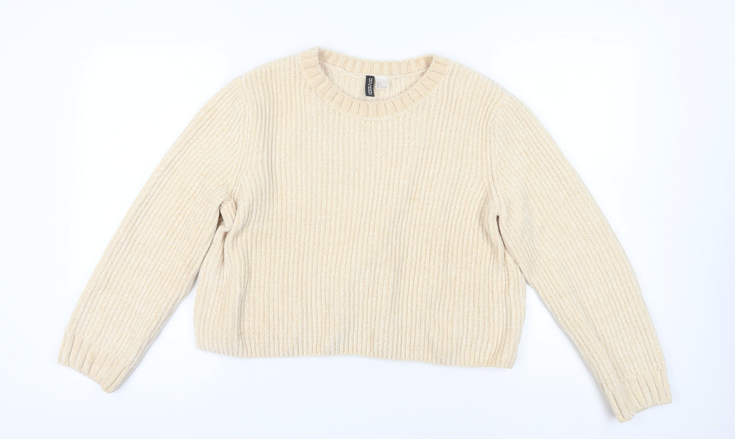 H&M Women's Beige Pullover Jumper L - Cozy Crew Neck