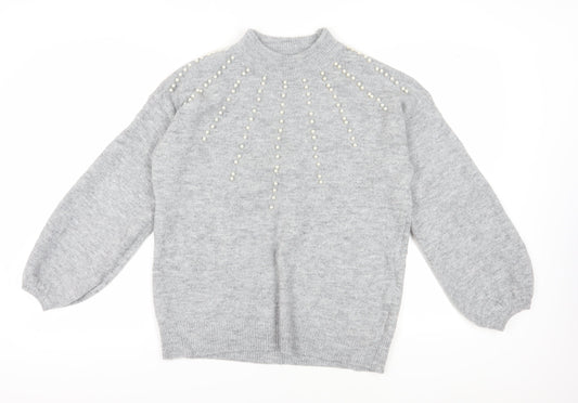 Quiz Women's Grey Beaded Mock Neck Pullover Jumper M