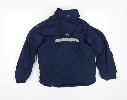 Back view of Trespass boys’ blue waterproof puffer jacket 11-12 years