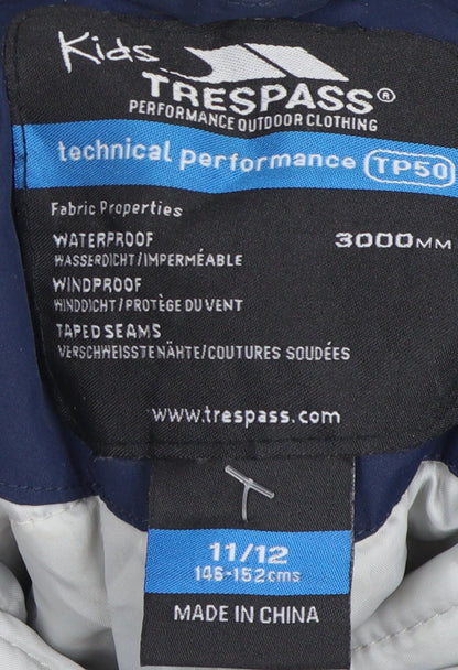 Close-up detail of Trespass boys’ blue waterproof puffer jacket 11-12 years